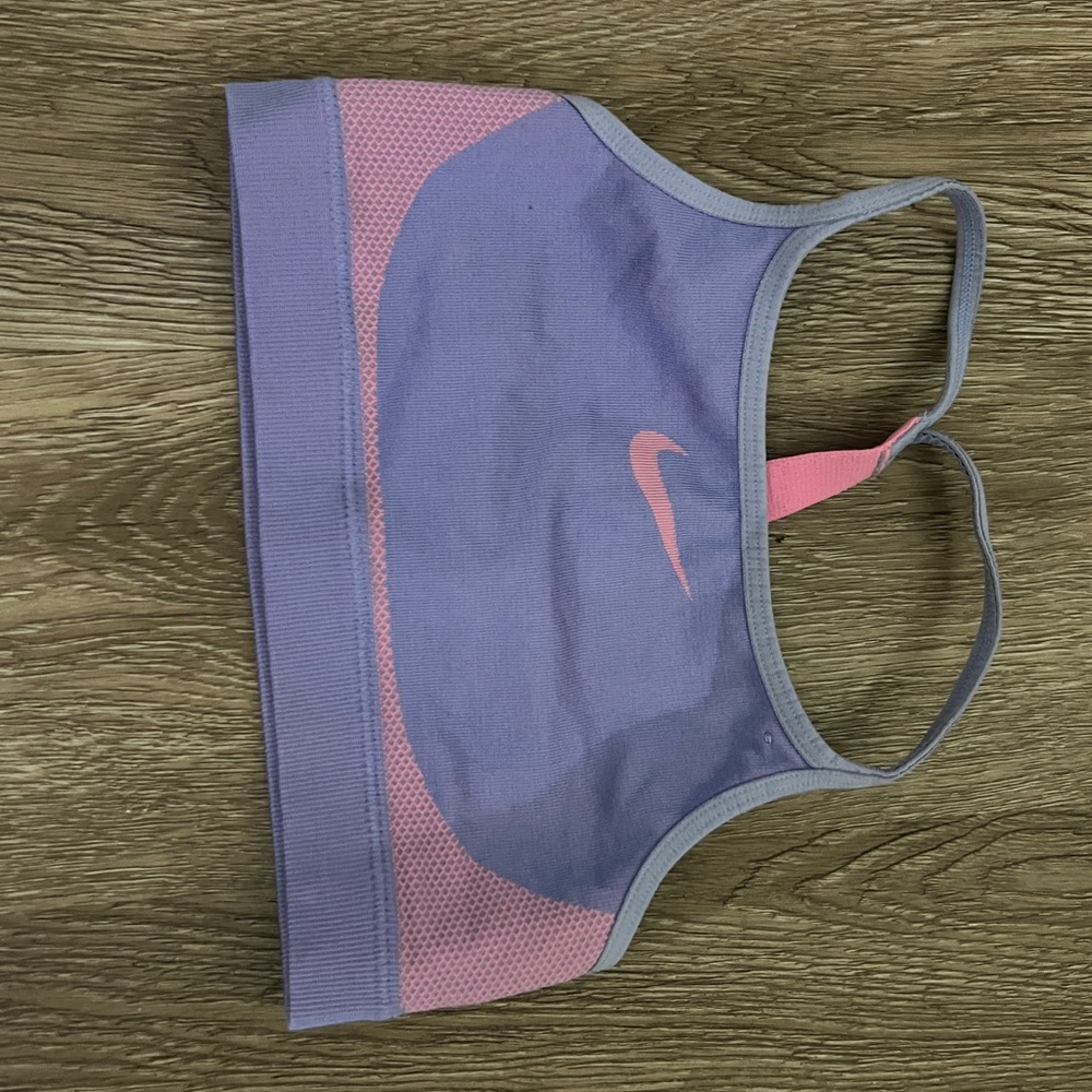 Nike sports bra, kids medium, pink and light blue/purple
